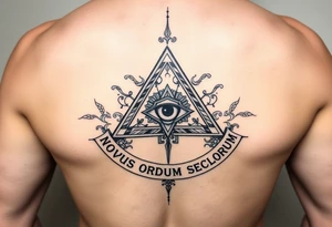 Pyramid with eye in the center, surrounded by words - novus ordum seclorum tattoo idea