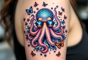 cute octopus, wearing glasses, friendly, surrounded by butterflies and oceanic items tattoo idea