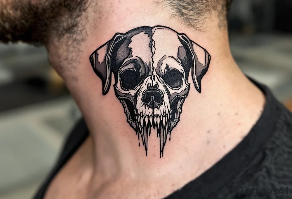 Rottweiler Skull Fusion – A half-rottweiler, half-skull design, blending realism with dark symbolism. Monochrome with light shading to define the bone structure. tattoo idea