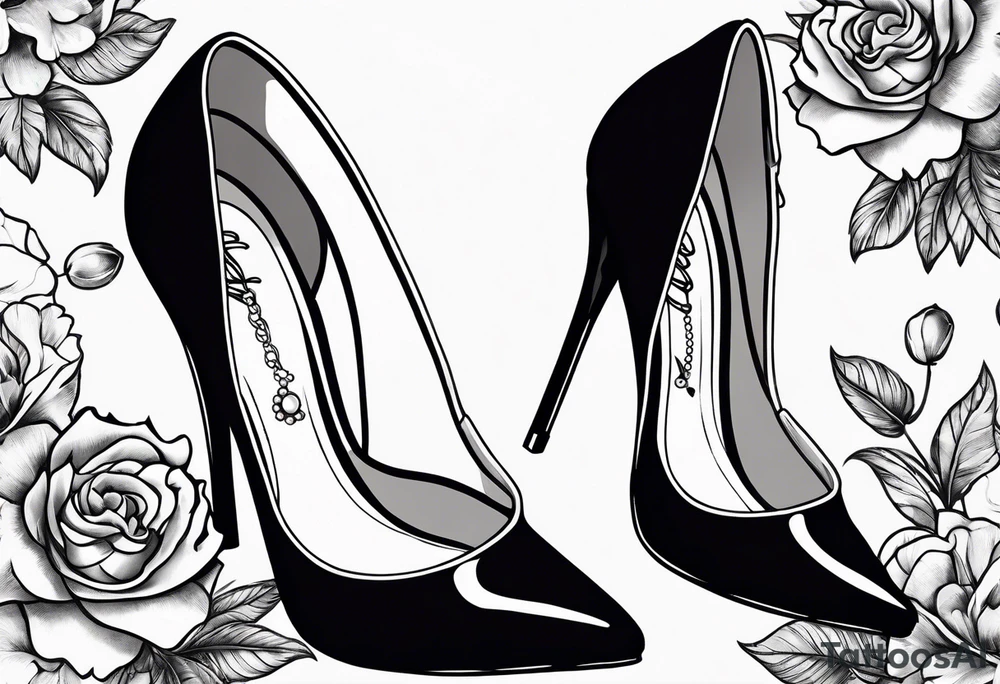 1950s pinup pumps with flowers, pearl necklaces, bows, and lace tattoo idea