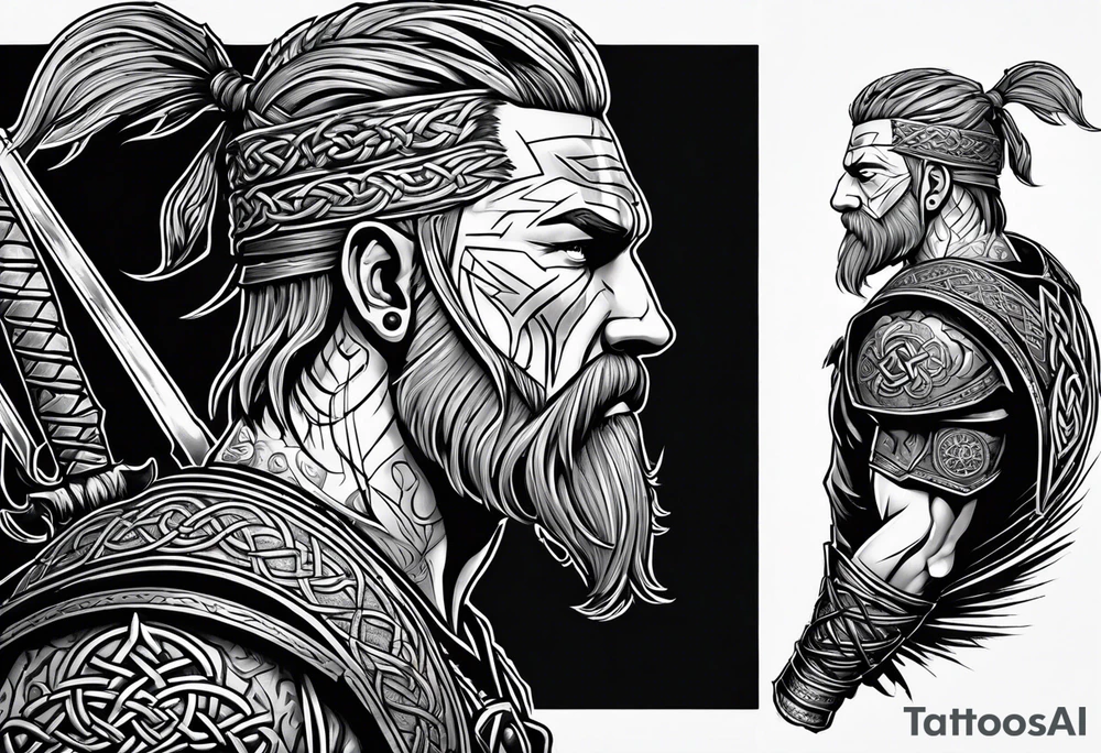 Full body side profile of
Celtic warrior with short hair, a sword in one hand and an axe in the other. tattoo idea