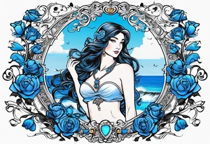 Aphrodite is the goddess of love, with a seaside background, surrounded by birds.. blue roses frames, background blue,present it in a tattoo, black hair, love motives tattoo idea