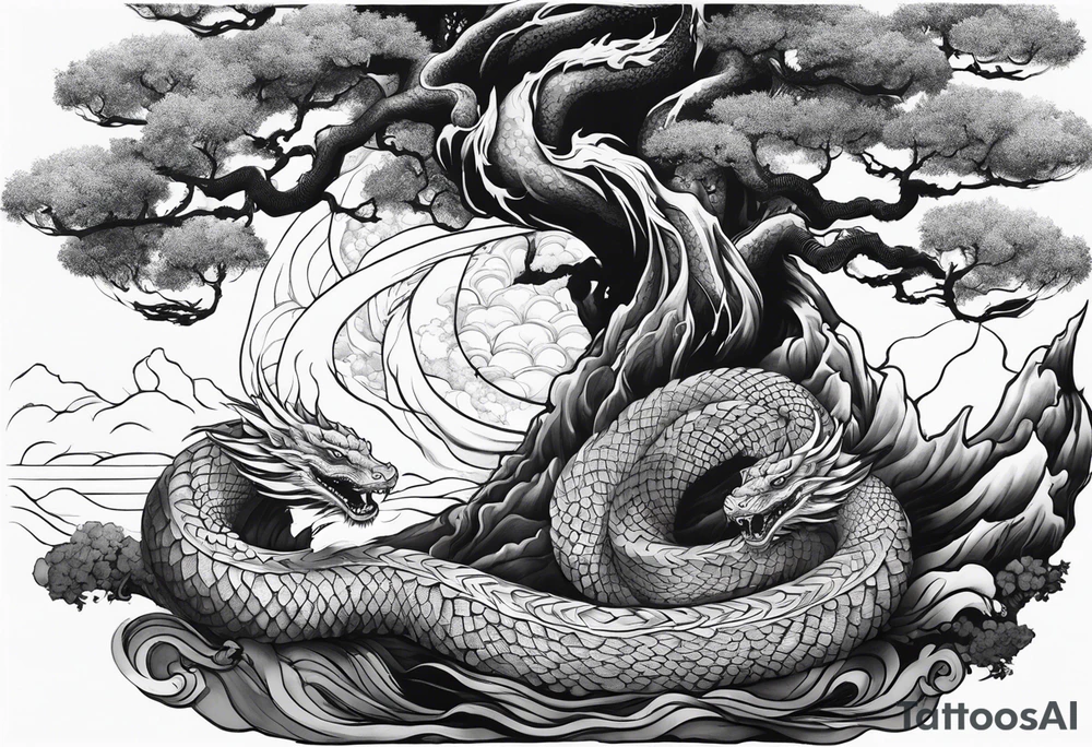 Jormungandr wrapped around world tree with water enveloping tattoo idea