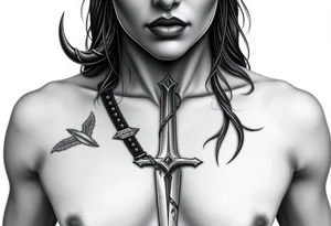 Feminine Tattoo dark female warrior with dagger and realistic horns just barley touching collarbone with a lot of shading tattoo idea