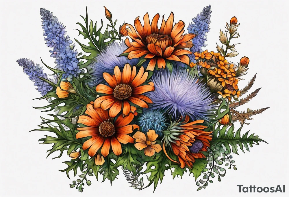 cascading wildflowers with thistles, ferns, burnt orange flowers all in color tattoo idea