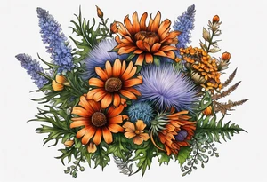 cascading wildflowers with thistles, ferns, burnt orange flowers all in color tattoo idea
