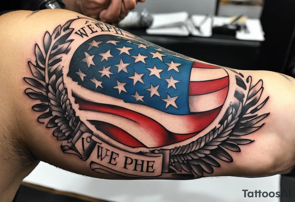 American patriotic forearm tattoo that includes the American flag, the phrase "We The People" tattoo idea