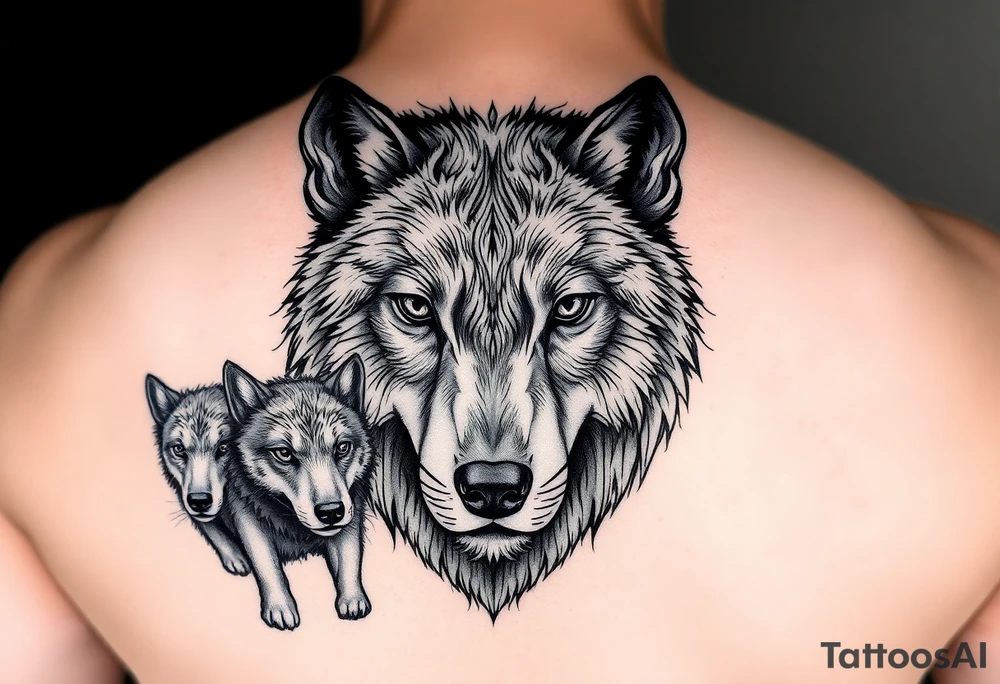 A solitary yet sublime and noble wolf and its progeny. the face tattoo idea