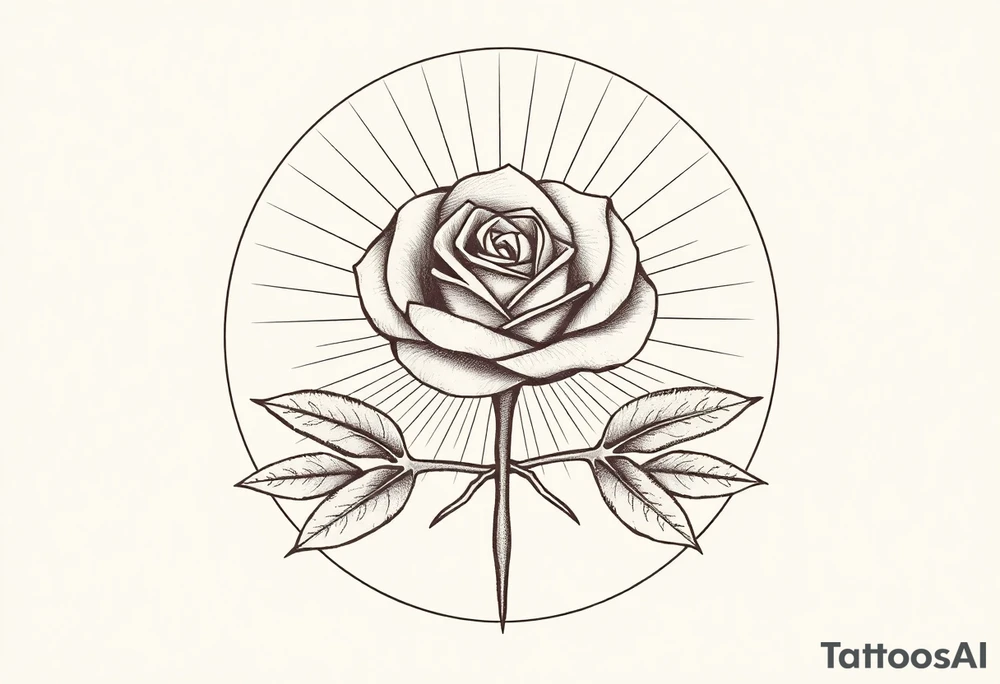 Uma ilustração abstrata com uma rosa estilizada no centro de um círculo. O círculo possui linhas radiais que se estendem para fora, criando um efeito de explosão ou halo ao redor da rosa. Abaixo do círculo, há um galho fino e alongado que conecta três alto-falantes arredondados, no estilo ‘boca de ferro’, dispostos de maneira orgânica. A composição é desenhada em tons de cinza, com texturas detalhadas e sombreamento para destacar profundidade e contraste. O estilo é artístico, minimalista, e ideal para design de tatuagens. tattoo idea