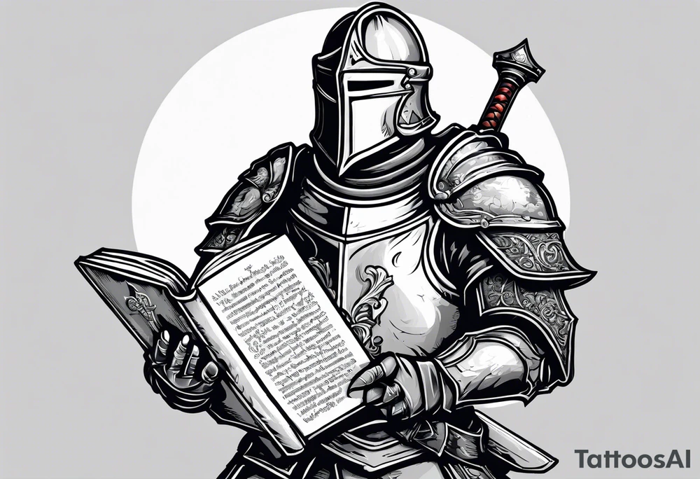 knight holding a bible over his head in combat tattoo idea