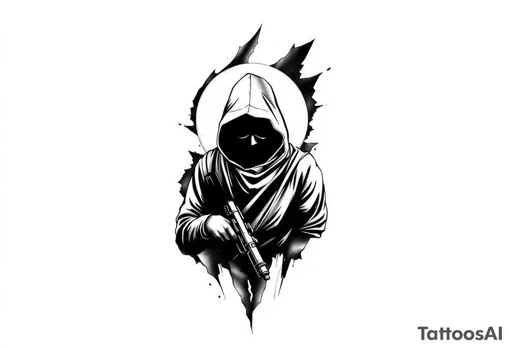 Minimalist covert operative symbolism representing loyalty and survival, faceless soldier silhouette emerging from darkness, torn fabric, subtle scars, controlled posture, black and grey realism, emotional restraint, understated strength, tattoo sleeve element. tattoo idea