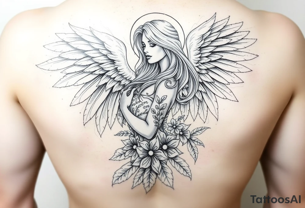 .


🌟 Image 2: Angelic Woman Tattoo Design
 
A beautifully detailed pencil sketch of an angelic woman with long flowing hair and magnificent feathered wings. She wears a flowing, nature-inspired gown adorned with floral and leaf patterns, blending elegance and divine femininity. Her expression is serene yet strong. The feathers and fabric flow gracefully around her, creating a sense of lightness and movement. The black-and-white pencil drawing gives it a timeless, classical tattoo appeal.

Keywords: angel woman, divine beauty, feathered wings, floral gown, feminine strength, heavenly figure, pencil sketch, classic tattoo tattoo idea