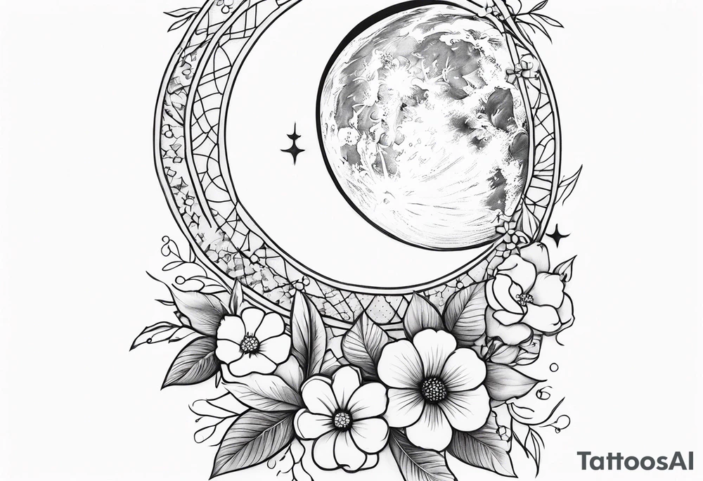 Feminine inspired upper sleeve tattoo with flowers, lace and moon tattoo idea