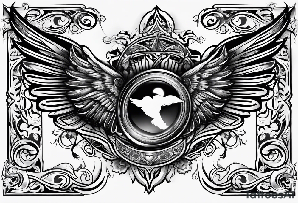 the word Glenn on a banner and angel wings tattoo idea