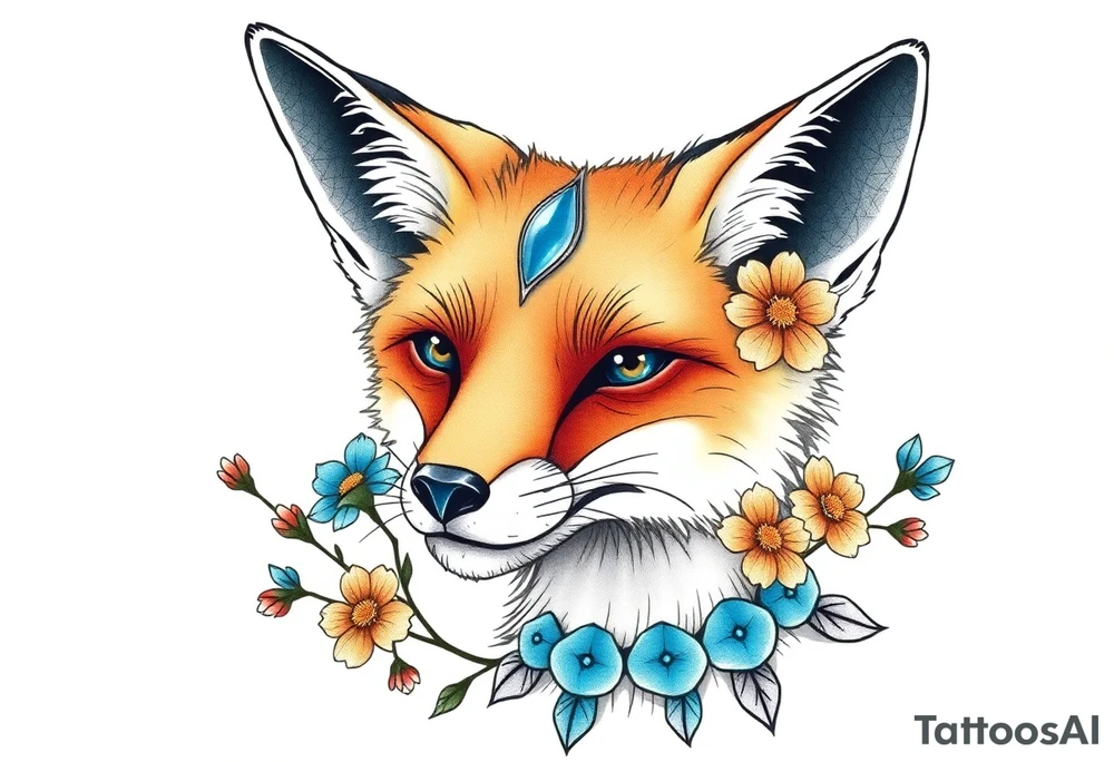 adult fox with blue jewelry smelling wild flowers tattoo idea