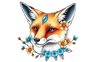 adult fox with blue jewelry smelling wild flowers tattoo idea