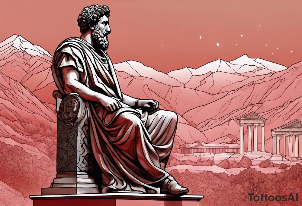 A statue of Marcus Aurelius looking toward the observer in a 25 degree angle. The bottom left part of the statue is broken. The Background are mountains in a red hue. tattoo idea