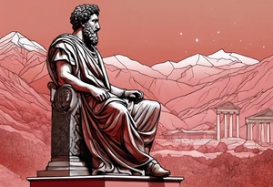 A statue of Marcus Aurelius looking toward the observer in a 25 degree angle. The bottom left part of the statue is broken. The Background are mountains in a red hue. tattoo idea