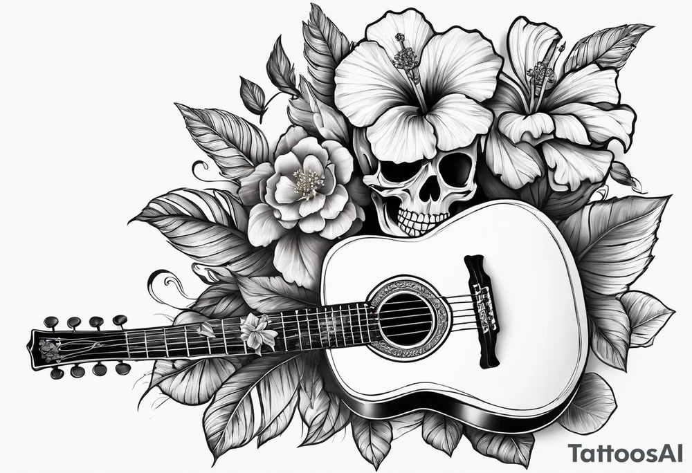 skeleton playing guitar. Hibiscus flower tattoo idea