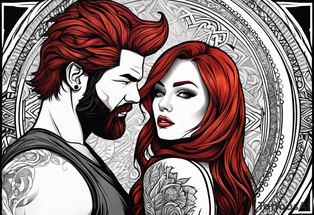 Busty red haired woman with a bearded man who has black hair tattoo idea