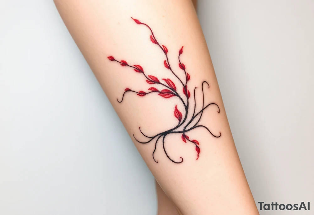 Elegant tattoo design featuring red sea plume seaweed, graceful flowing tendrils, watercolor style with red accents, wrapping around calf, organic movement, marine botanical art” tattoo idea