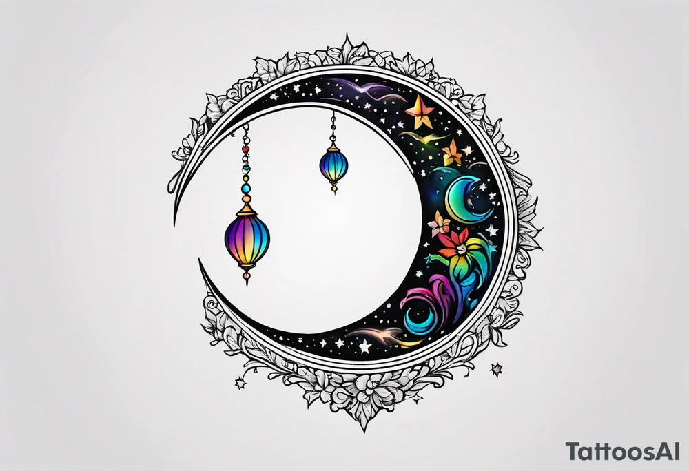 Small crescent moon with a rainbow tattoo idea