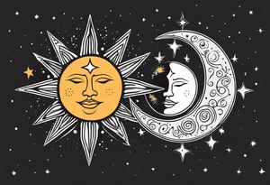 Western sun stars and moon. Mirrored with swirls and dots and stars tattoo idea