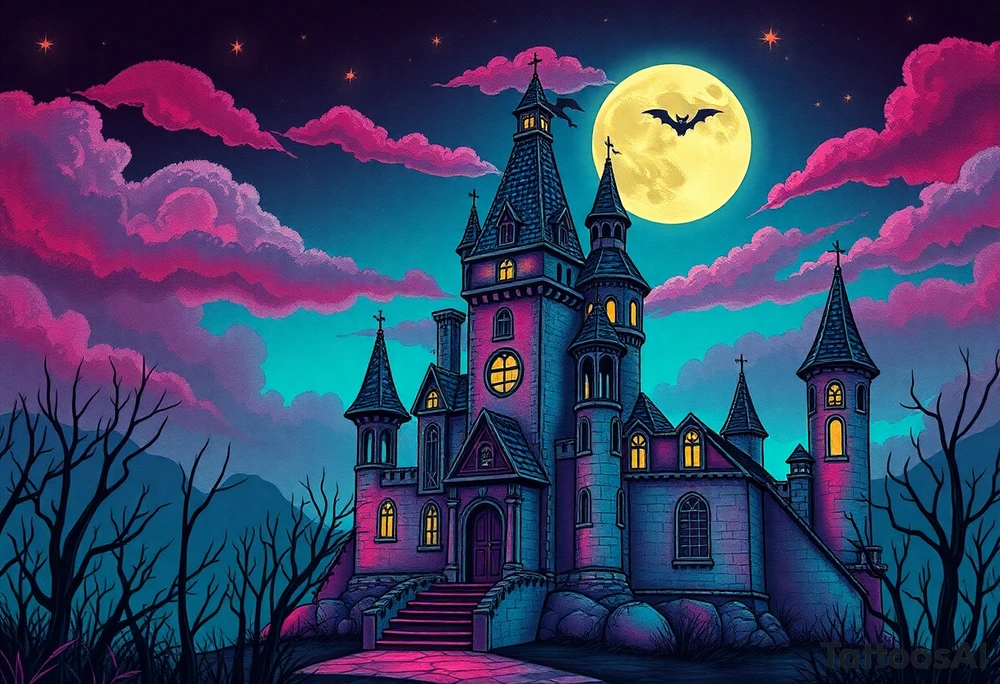 Tim Burton’s haunted castle is abandoned and dripping with muted reds, dusty pinks, and eerie green glow.purple and cyan smokey clouds swirl in the crescent moonlit sky thats sprinkled with stars under the castle an adorable kawaii bat spreads its wings tattoo idea tattoo idea