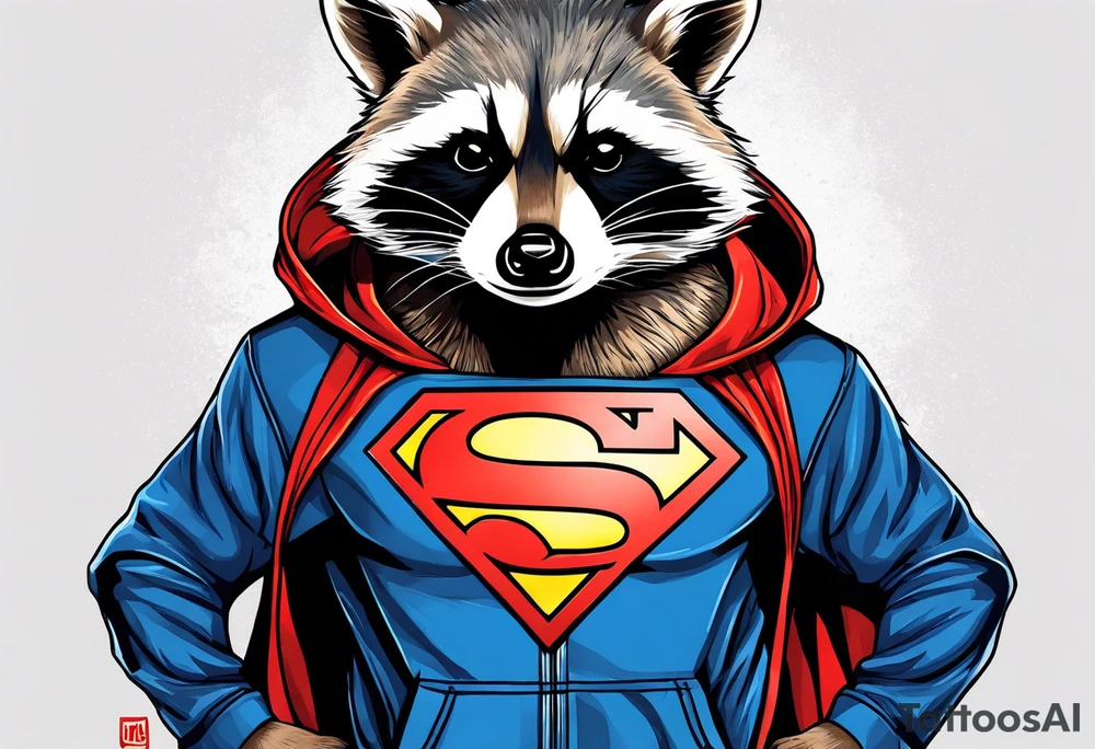 raccoon wearing a Superman hoodie tattoo idea