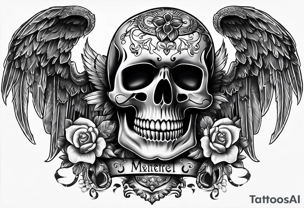 Mexican Tattooed skull with angel wings. Name Leah written under in gothic letters. tattoo idea