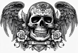 Mexican Tattooed skull with angel wings. Name Leah written under in gothic letters. tattoo idea