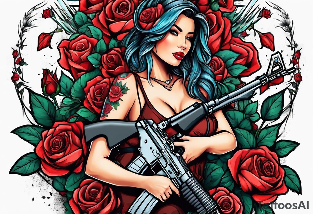 Beautiful woman angle holding a AK 47 surrounded by roses tattoo idea