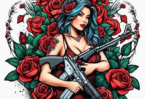 Beautiful woman angle holding a AK 47 surrounded by roses tattoo idea
