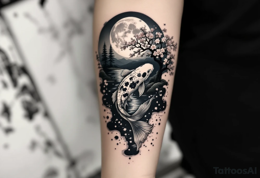 a koi fish swimming upstream in a pond moonlight by the full moon with a sakura tree by the pond tattoo idea