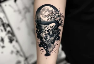 a koi fish swimming upstream in a pond moonlight by the full moon with a sakura tree by the pond tattoo idea