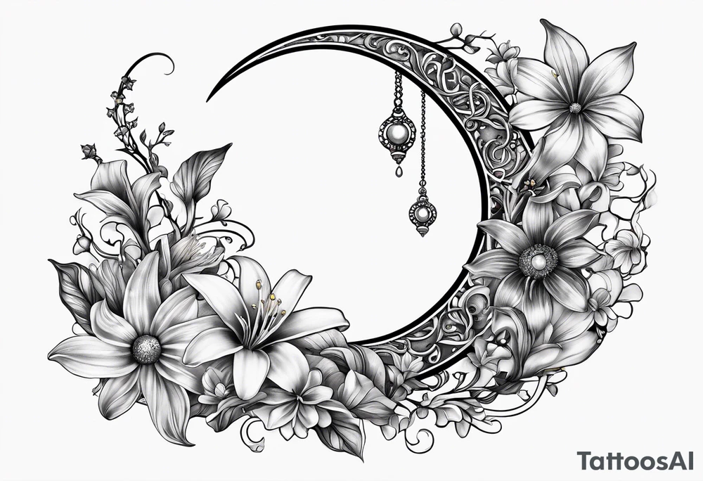 Crescent moon with daisy's, lily’s, crystals, and mushrooms tattoo idea