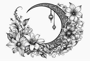 Crescent moon with daisy's, lily’s, crystals, and mushrooms tattoo idea