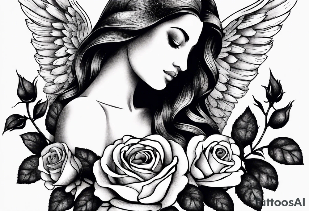 Angel, roses, name MARTINA tattoo idea