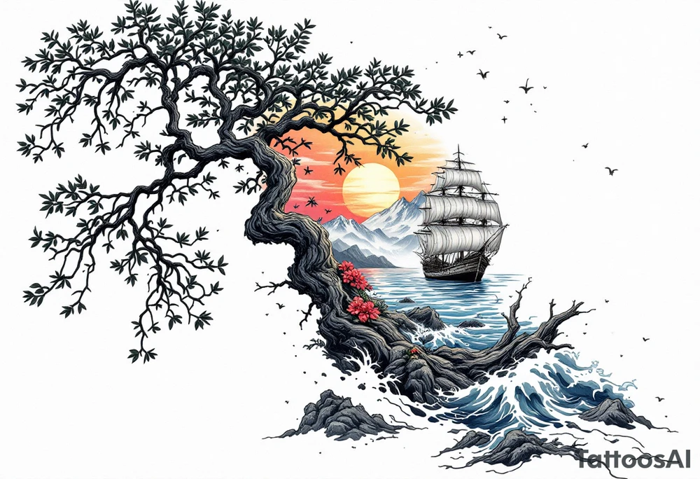 a forearm tattoo that has an acacia tree with mountains, ocean with a ship wreck tattoo idea