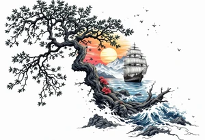 a forearm tattoo that has an acacia tree with mountains, ocean with a ship wreck tattoo idea