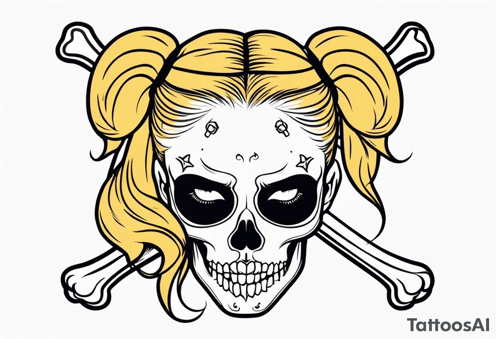 feminine skull  with hair in two blonde pigtails and crossbones underneath tattoo idea
