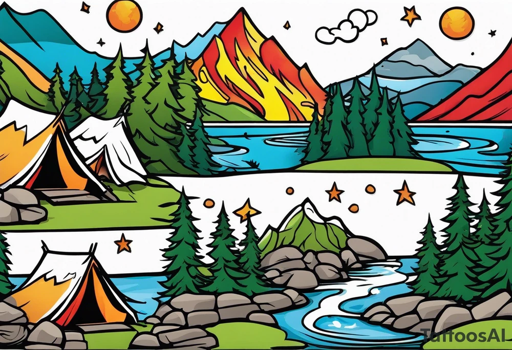 Small campfire in the center, right side: an evergreen tall tree, left side: mountain stream tattoo idea