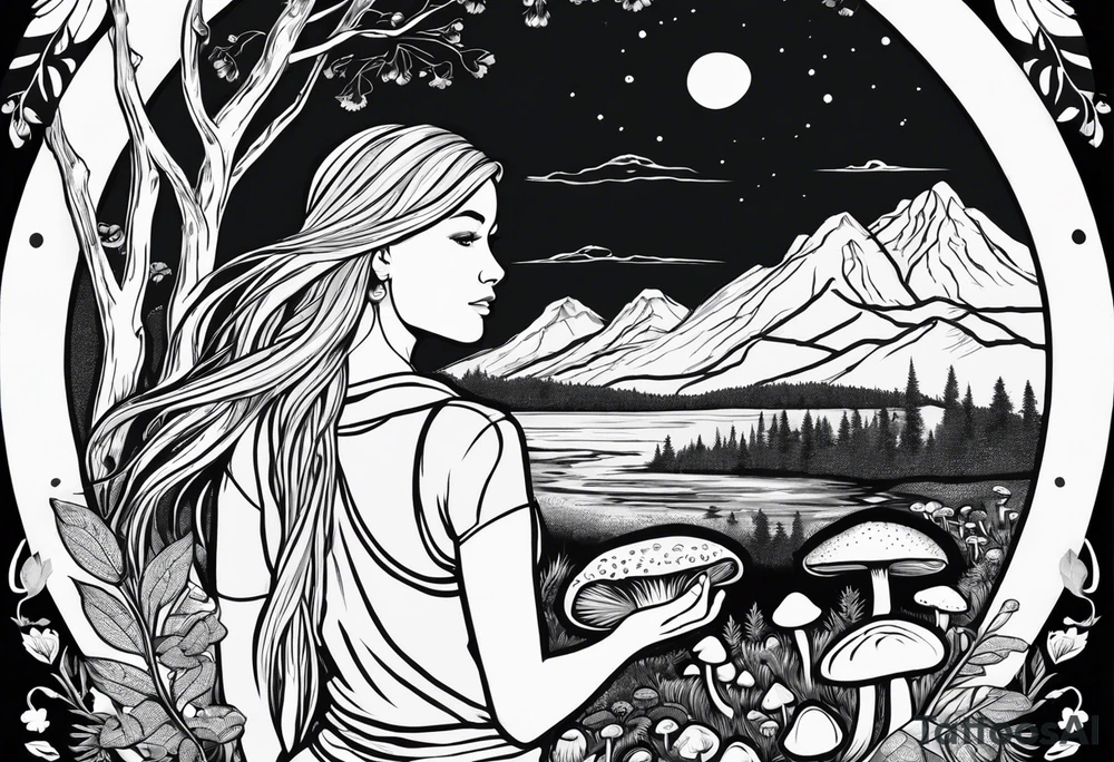 Whole picture encircled fully

Straight long blonde hair hippie girl in distance holding mushrooms in hand facing away toward mountains and creek surrounded by mushrooms tee shirt and hiking pants; whole rendering within a full circle, no cut off circle tattoo idea