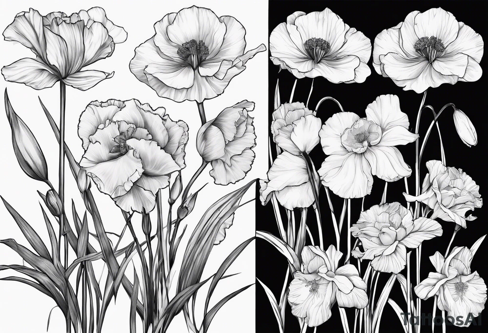One carnation
One snow drop
One iris
One poppy
One cosmo
One narcissus
Surrounding the silohette of a woman tattoo idea