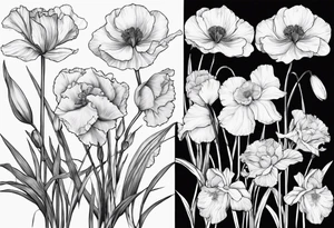 One carnation
One snow drop
One iris
One poppy
One cosmo
One narcissus
Surrounding the silohette of a woman tattoo idea