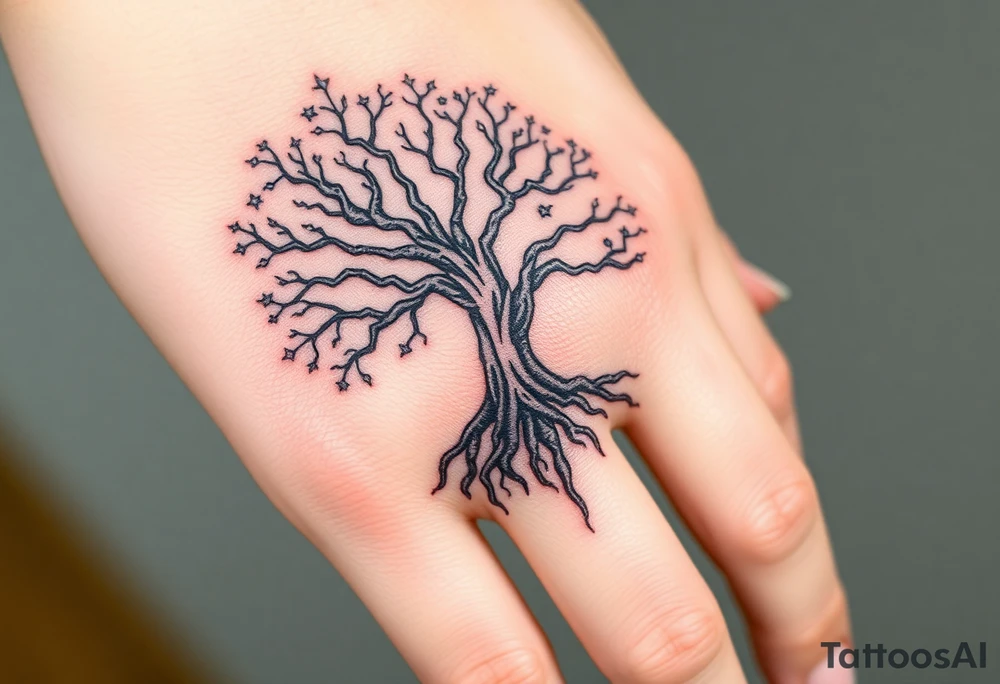 mystical tree of life with cosmic roots and celestial branches tattoo idea