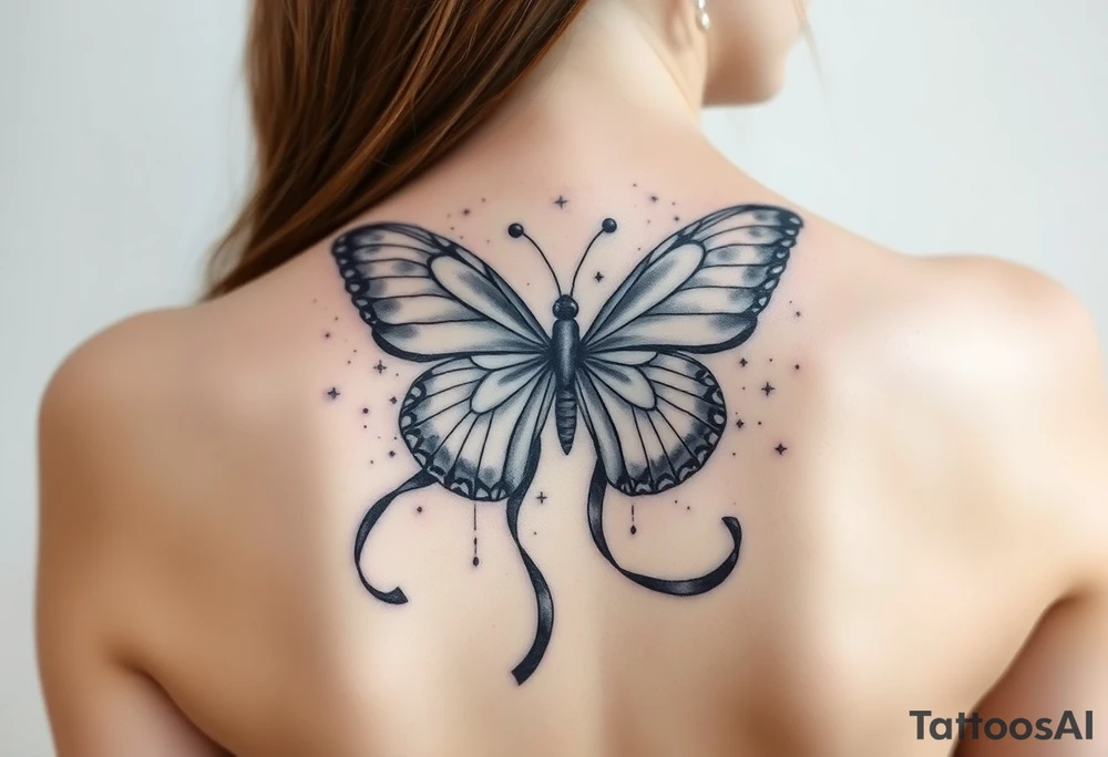 ethereal butterfly with flowing silk ribbons in moonlight tattoo idea