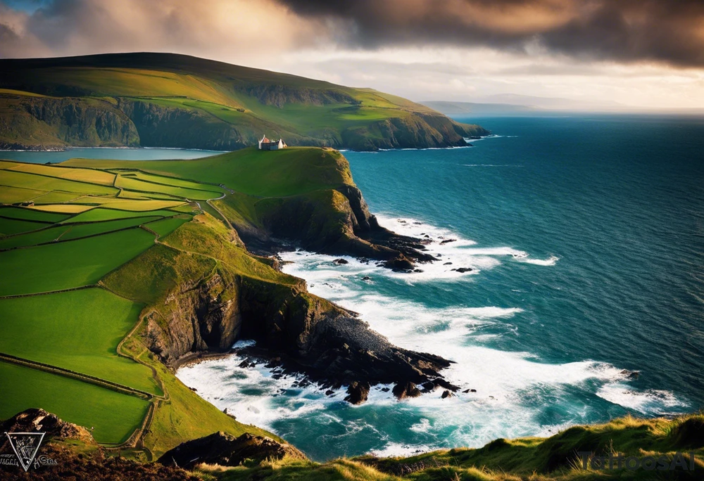 Design me a tattoo for an upper left arm half sleeve, with the script "Áit éigin taobh thall den farraige, áit éigin ag fanacht dom" and I was thinking originally to be over a coast scene (image uploaded) from a special place. Make it in the style of Viking or celtic designs incorporated into the design with a rune, but the text is a must tattoo idea