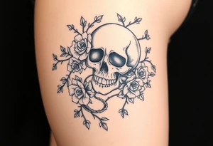 gothic skull intertwined with climbing roses and thorny vines tattoo idea