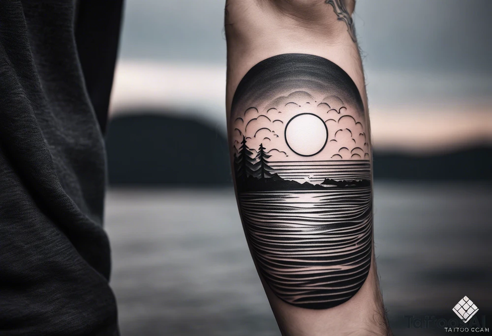 Minimalistic, small, black and white tattoo on male forearm. Tattoo style is line drawing. From the perspective of being on the ocean, the water is calm, with no waves in sight, the sun is setting behind the ocean, reflecting light onto the water. The tattoo in the shape of a rectangle, 4 inches wide by 2 inches tall. tattoo idea
